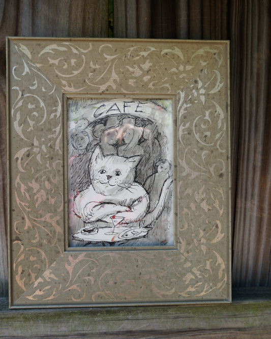 "Cafe Cat" Original Art in Vintage Frame